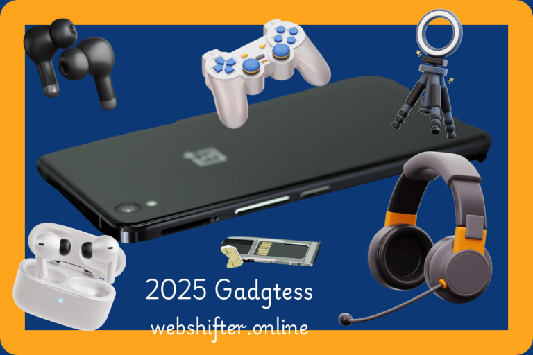 Blue background featuring a selection of 2025's top tech gadgets, including foldable phones, VR headsets, and smart devices.